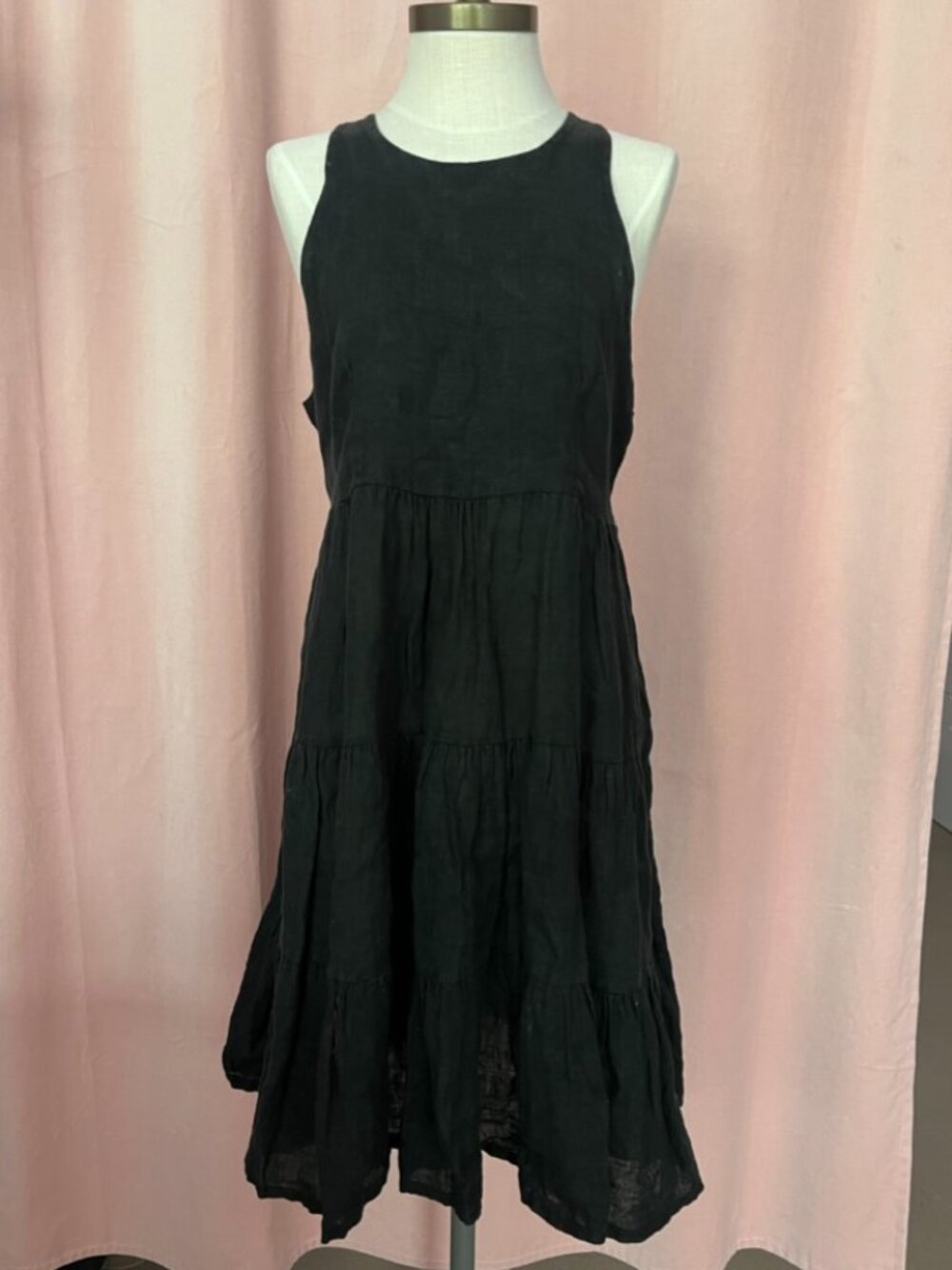 Italian Linen Tiered Dress Black Size M Sleeveless Flowy Summer Dress
